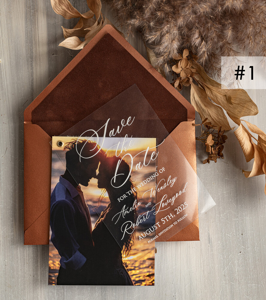 SAVE THE DATES photo vellum plexi  Terracotta Velvet Save the Date Cards with Photo, Plexi Clear Save Our Dates with Photo 