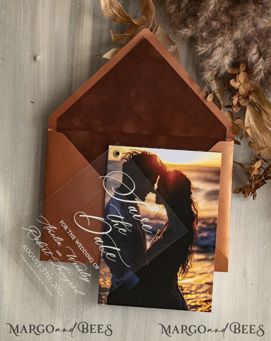 SAVE THE DATES photo vellum plexi  Terracotta Velvet Save the Date Cards with Photo, Plexi Clear Save Our Dates with Photo 