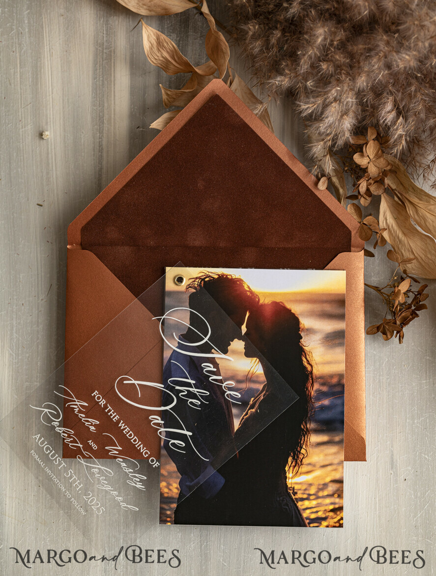 SAVE THE DATES photo vellum plexi  Terracotta Velvet Save the Date Cards with Photo, Plexi Clear Save Our Dates with Photo 