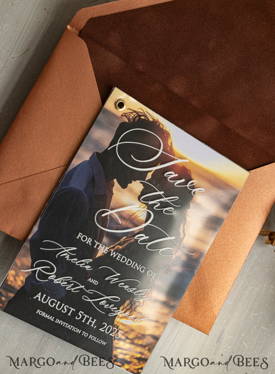 SAVE THE DATES photo vellum plexi  Terracotta Velvet Save the Date Cards with Photo, Plexi Clear Save Our Dates with Photo 