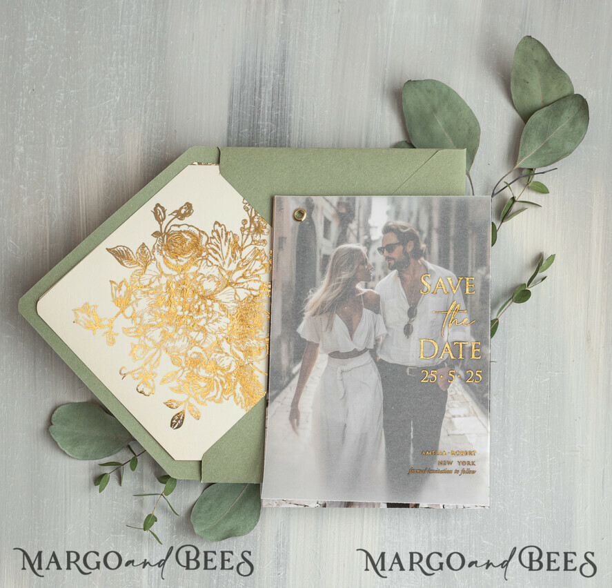 SAVE THE DATES photo vellum plexi  sage green Gold wild flowers Save the Date Cards with Photo, Vellum Save Our Dates with Photo Gold Foil Calendar Cards 
