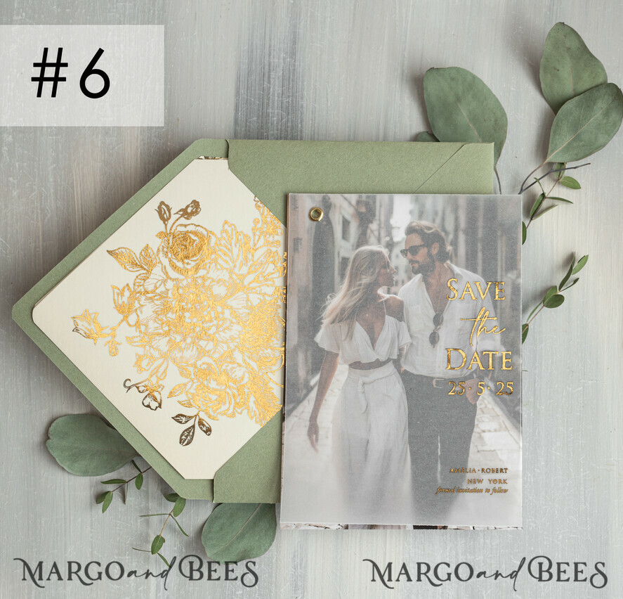 SAVE THE DATES photo vellum plexi  sage green Gold wild flowers Save the Date Cards with Photo, Vellum Save Our Dates with Photo Gold Foil Calendar Cards 