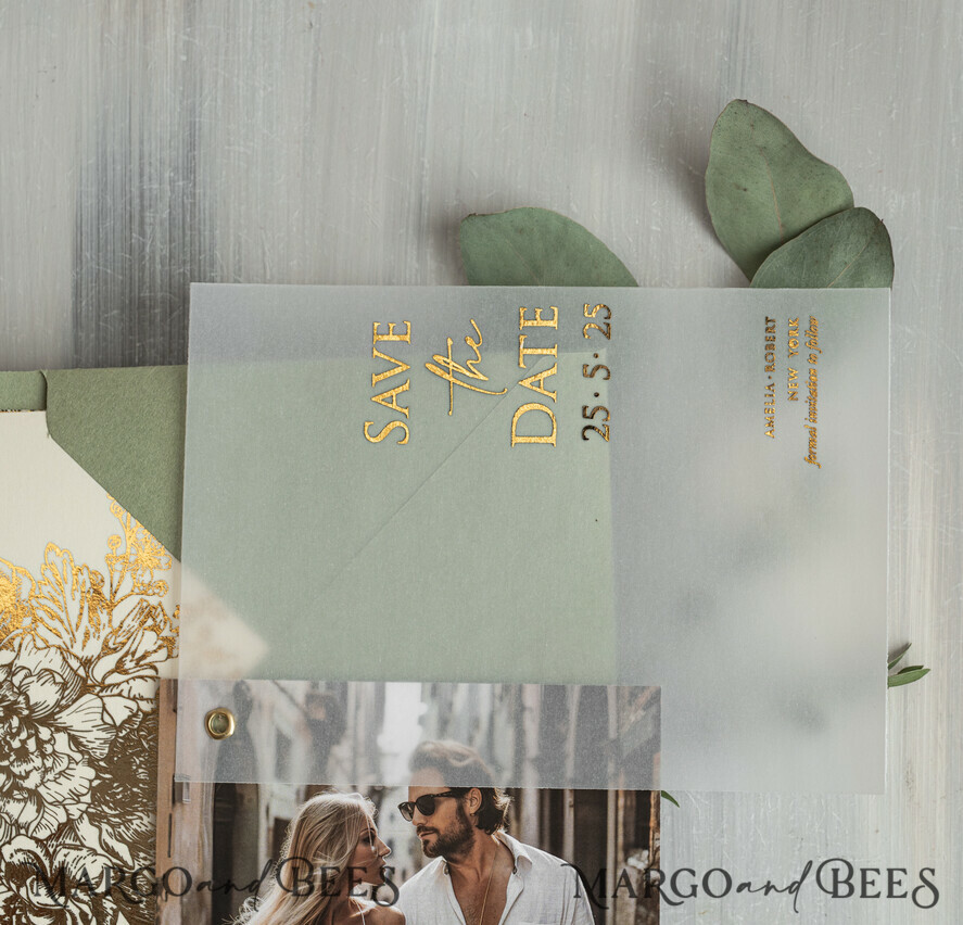 SAVE THE DATES photo vellum plexi  sage green Gold wild flowers Save the Date Cards with Photo, Vellum Save Our Dates with Photo Gold Foil Calendar Cards 