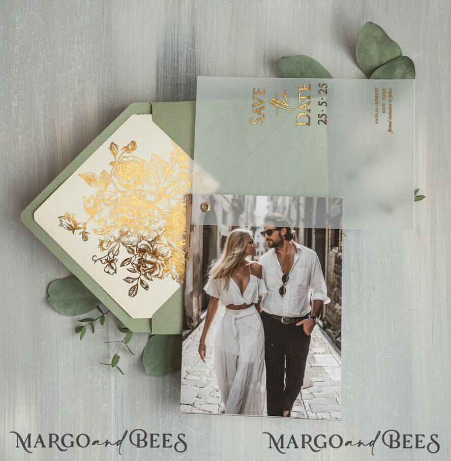 SAVE THE DATES photo vellum plexi  sage green Gold wild flowers Save the Date Cards with Photo, Vellum Save Our Dates with Photo Gold Foil Calendar Cards 