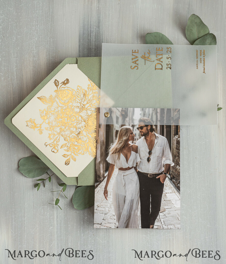 SAVE THE DATES photo vellum plexi  sage green Gold wild flowers Save the Date Cards with Photo, Vellum Save Our Dates with Photo Gold Foil Calendar Cards 