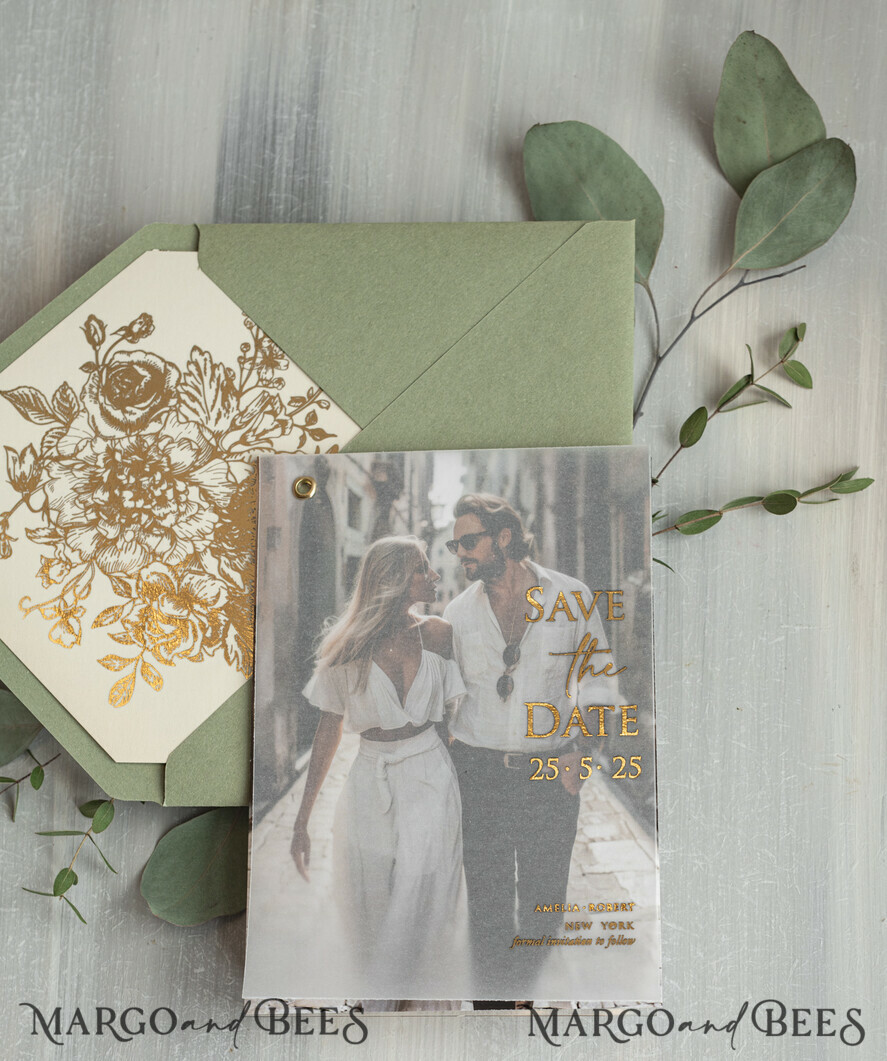 SAVE THE DATES photo vellum plexi  sage green Gold wild flowers Save the Date Cards with Photo, Vellum Save Our Dates with Photo Gold Foil Calendar Cards 