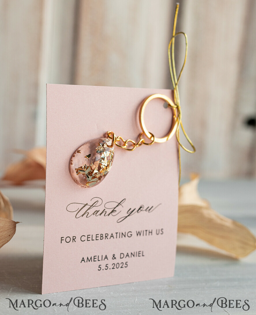 WEDDING FAVORS Resin Custom Resin Keychain Wedding Favors For Guests in bulk Custom Resin Keychain, Golden personalised Thank you gifts Teardrop Keychain with Gold-Plated Stainless Steel Hardware