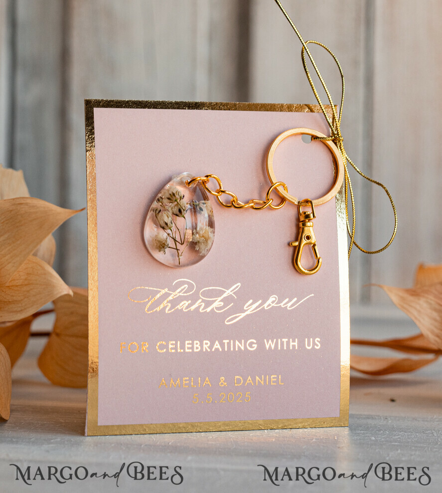 WEDDING FAVORS Resin Custom Resin Keychain Wedding Favors For Guests in bulk Custom Resin baby breath flower  Keychain, Golden personalised Thank you gifts Teardrop Keychain with Gold-Plated Stainless Steel Hardware