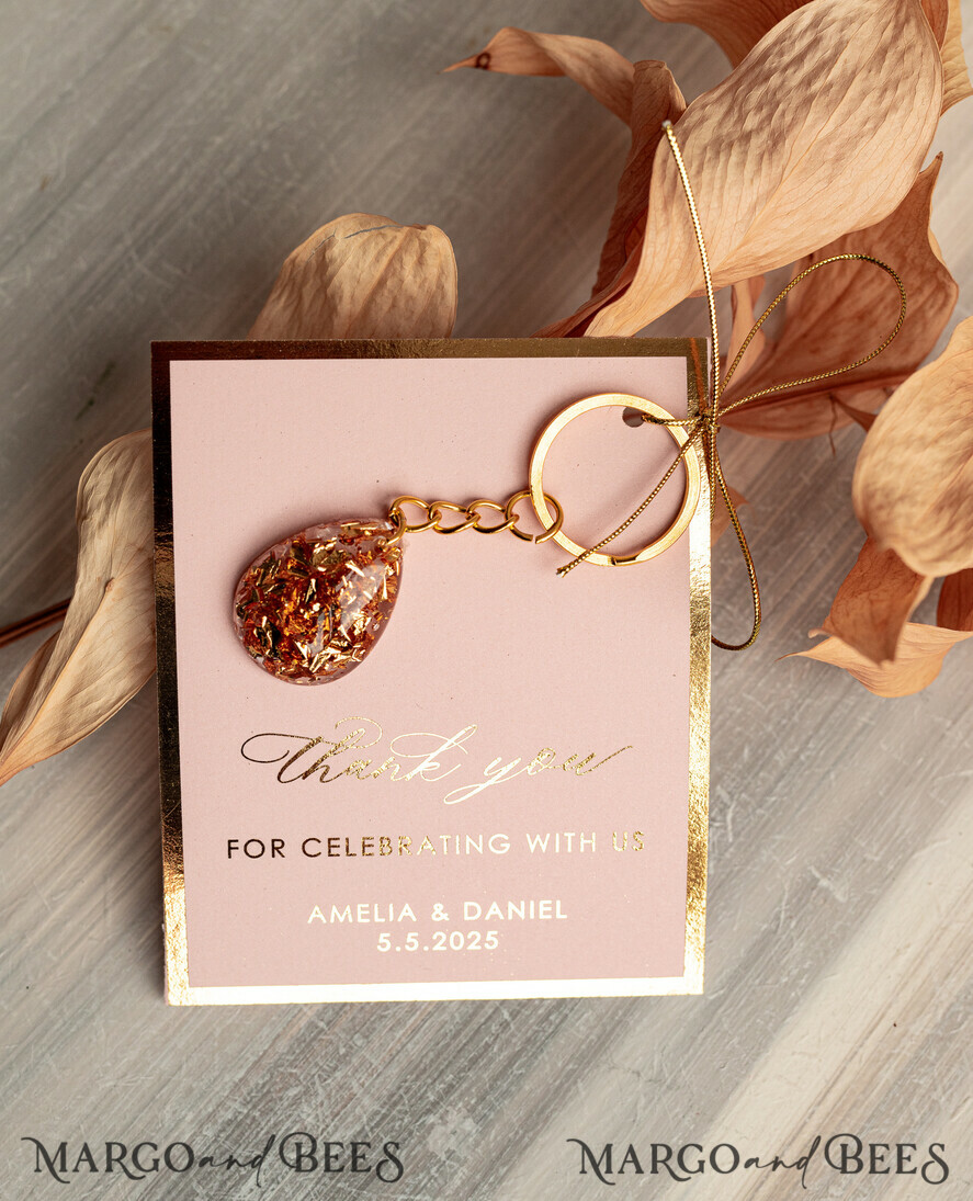WEDDING FAVORS Resin Custom Resin Keychain Wedding Favors For Guests in bulk Custom Resin Keychain, Golden personalised Thank you gifts Teardrop Keychain with Gold-Plated Stainless Steel Hardware