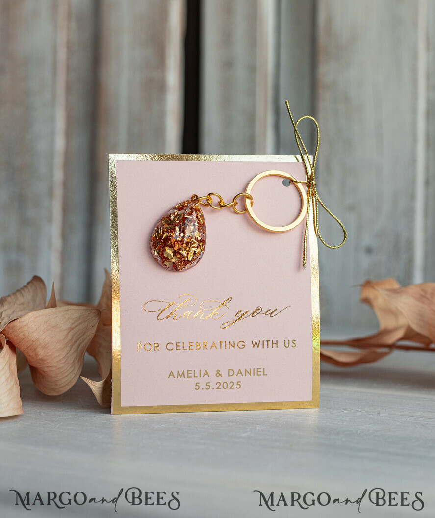 WEDDING FAVORS Resin Custom Resin Keychain Wedding Favors For Guests in bulk Custom Resin Keychain, Golden personalised Thank you gifts Teardrop Keychain with Gold-Plated Stainless Steel Hardware