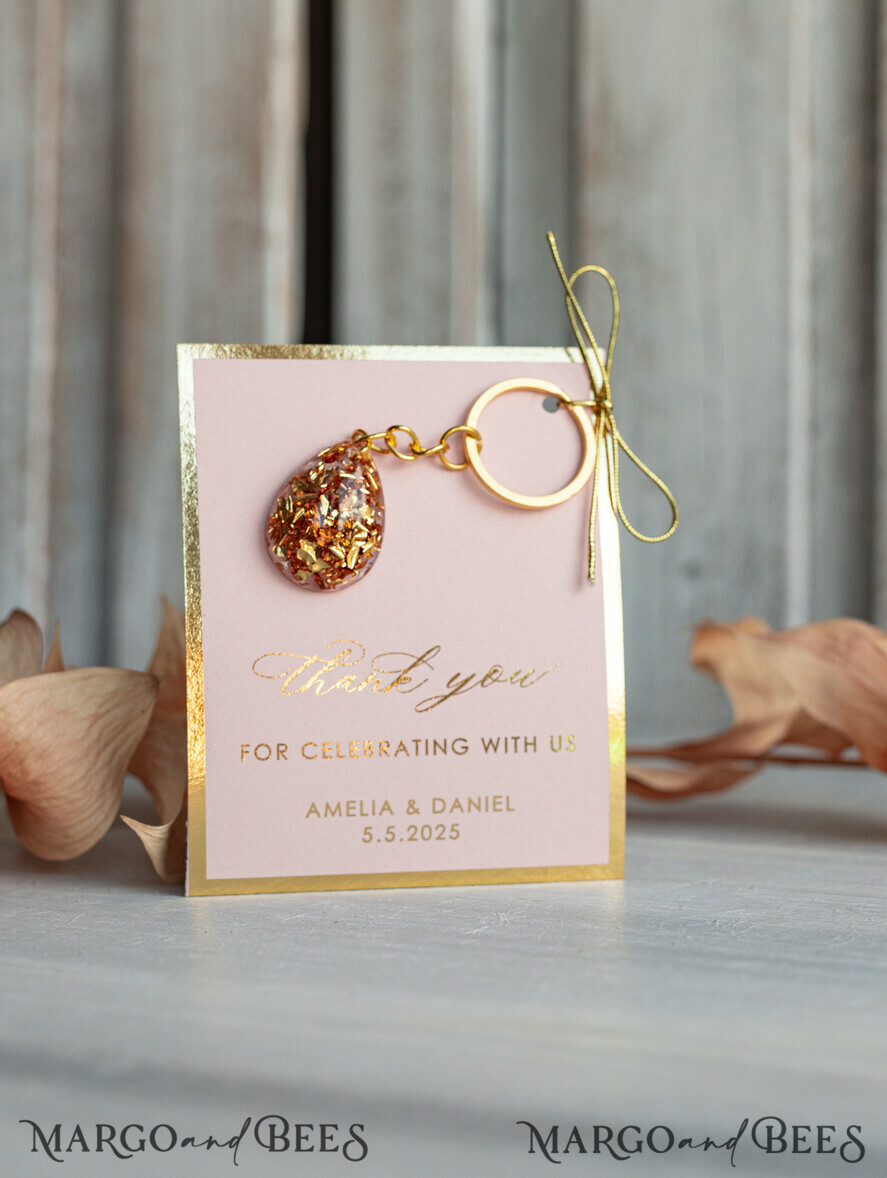 WEDDING FAVORS Resin Custom Resin Keychain Wedding Favors For Guests in bulk Custom Resin Keychain, Golden personalised Thank you gifts Teardrop Keychain with Gold-Plated Stainless Steel Hardware