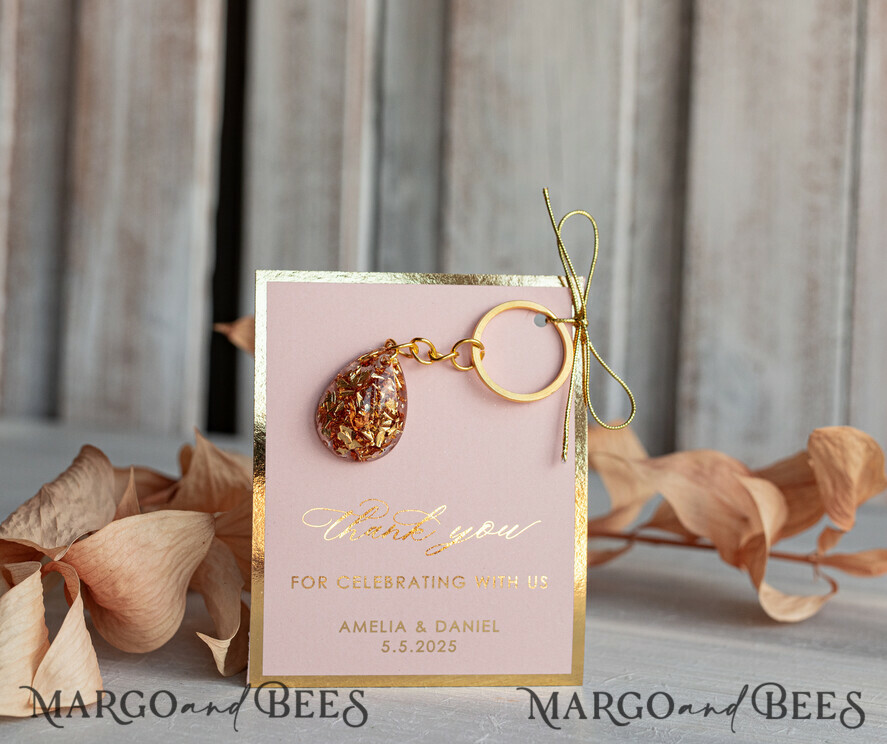 WEDDING FAVORS Resin Custom Resin Keychain Wedding Favors For Guests in bulk Custom Resin Keychain, Golden personalised Thank you gifts Teardrop Keychain with Gold-Plated Stainless Steel Hardware