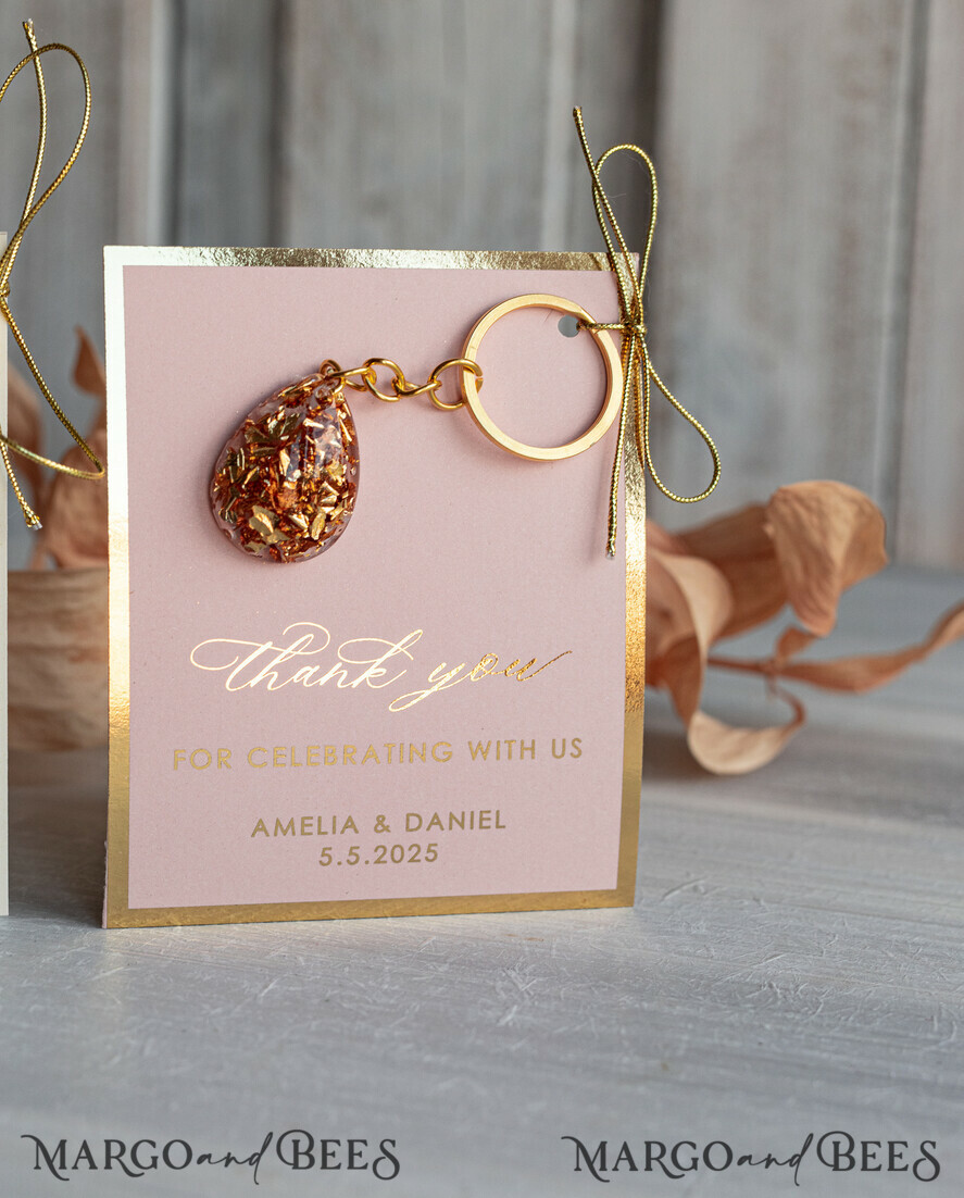 WEDDING FAVORS Resin Custom Resin Keychain Wedding Favors For Guests in bulk Custom Resin Keychain, Golden personalised Thank you gifts Teardrop Keychain with Gold-Plated Stainless Steel Hardware