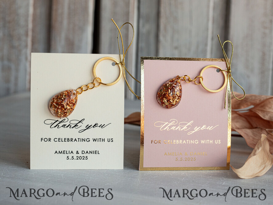 WEDDING FAVORS Resin Custom Resin Keychain Wedding Favors For Guests in bulk Custom Resin Keychain, Golden personalised Thank you gifts Teardrop Keychain with Gold-Plated Stainless Steel Hardware