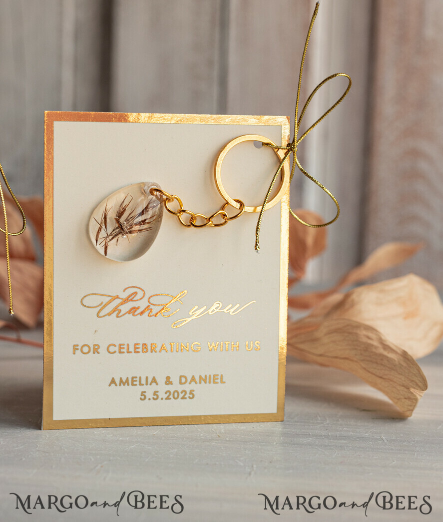 WEDDING FAVORS Resin Custom Resin Keychain Wedding Favors For Guests in bulk Custom Resin Keychain, Golden personalised Thank you gifts Teardrop Keychain with Gold-Plated Stainless Steel Hardware