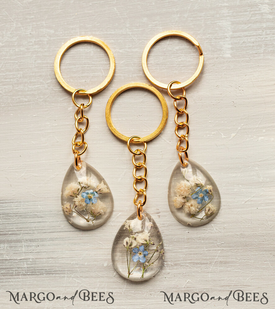 WEDDING FAVORS Resin Custom Resin Keychain Wedding Favors For Guests in bulk Custom Resin forget me not and baby breath flower Keychain, Golden personalised Thank you gifts Teardrop Keychain with Gold-Plated Stainless Steel Hardware