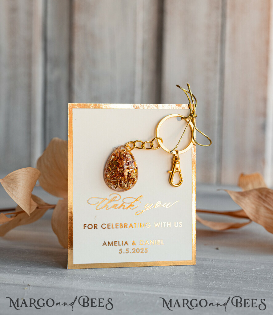 WEDDING FAVORS Resin Custom Resin Keychain Wedding Favors For Guests in bulk Custom Resin glamour golden Keychain, Golden personalised Thank you gifts Teardrop Keychain with Gold-Plated Stainless Steel Hardware