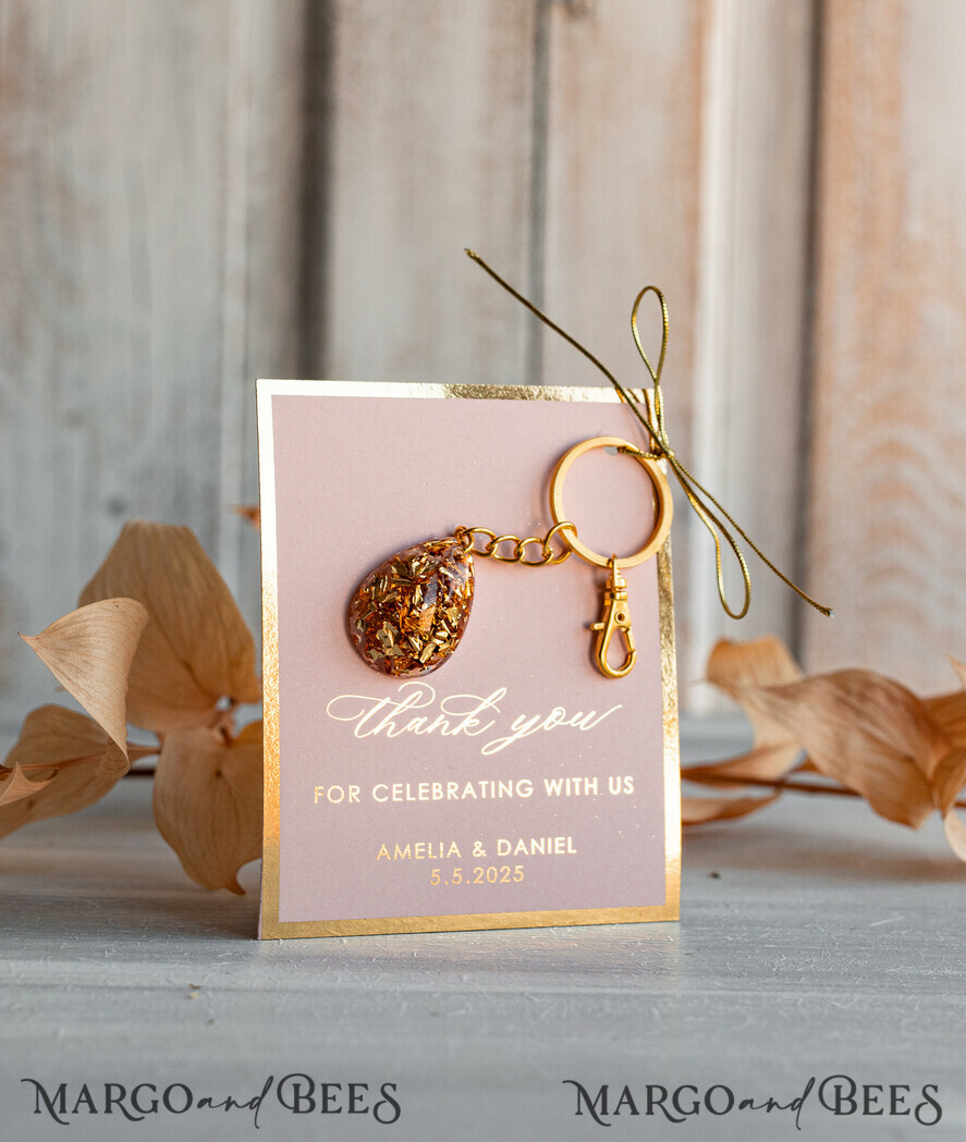 WEDDING FAVORS Resin Custom Resin Keychain Wedding Favors For Guests in bulk Custom Resin glamour golden Keychain, Golden personalised Thank you gifts Teardrop Keychain with Gold-Plated Stainless Steel Hardware