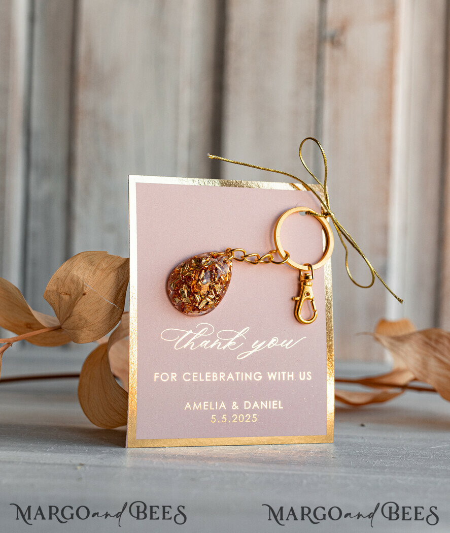 WEDDING FAVORS Resin Custom Resin Keychain Wedding Favors For Guests in bulk Custom Resin glamour golden Keychain, Golden personalised Thank you gifts Teardrop Keychain with Gold-Plated Stainless Steel Hardware