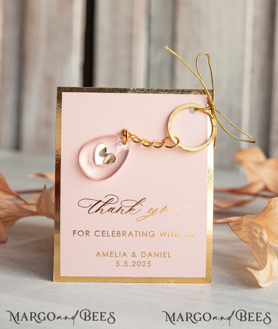 WEDDING FAVORS Resin Custom Resin Keychain Wedding Favors For Guests in bulk Custom Resin Keychain with heart, Golden personalised Thank you gifts Teardrop Keychain with Gold-Plated Stainless Steel Hardware