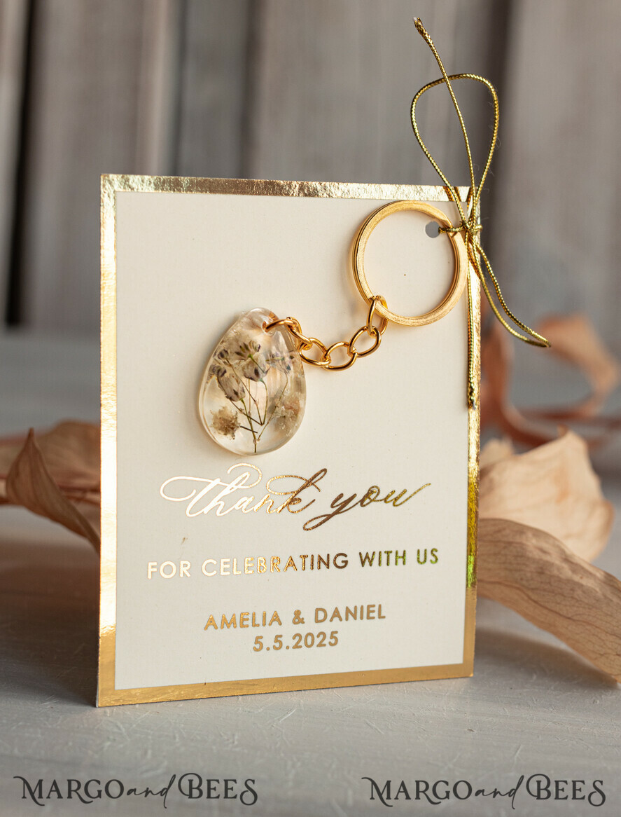 WEDDING FAVORS Resin Custom Resin Keychain Wedding Favors For Guests in bulk Custom Resin Keychain, Golden personalised Thank you gifts Teardrop Keychain with Gold-Plated Stainless Steel Hardware