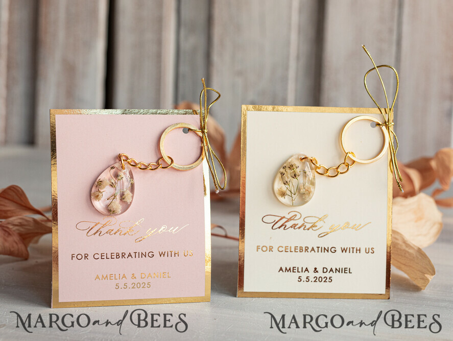 WEDDING FAVORS Resin Custom Resin Keychain Wedding Favors For Guests in bulk Custom Resin Keychain, Golden personalised Thank you gifts Teardrop Keychain with Gold-Plated Stainless Steel Hardware