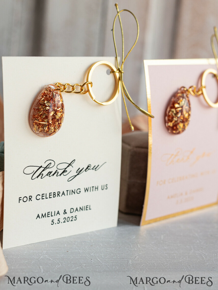 WEDDING FAVORS Resin Custom Resin Keychain Wedding Favors For Guests in bulk Custom Resin Keychain, Golden personalised Thank you gifts Teardrop Keychain with Gold-Plated Stainless Steel Hardware