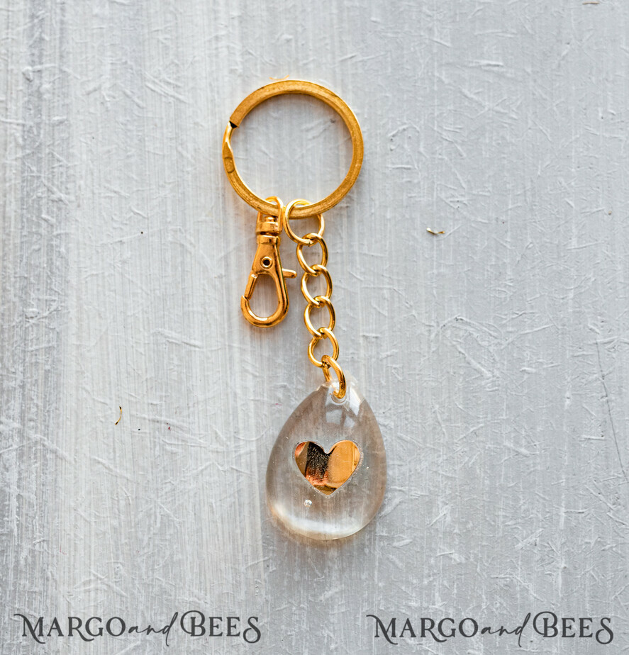 WEDDING FAVORS Resin Custom Resin Keychain Wedding Favors For Guests in bulk Custom Resin modern mirror heart  Keychain, Golden personalised Thank you gifts Teardrop Keychain with Gold-Plated Stainless Steel Hardware
