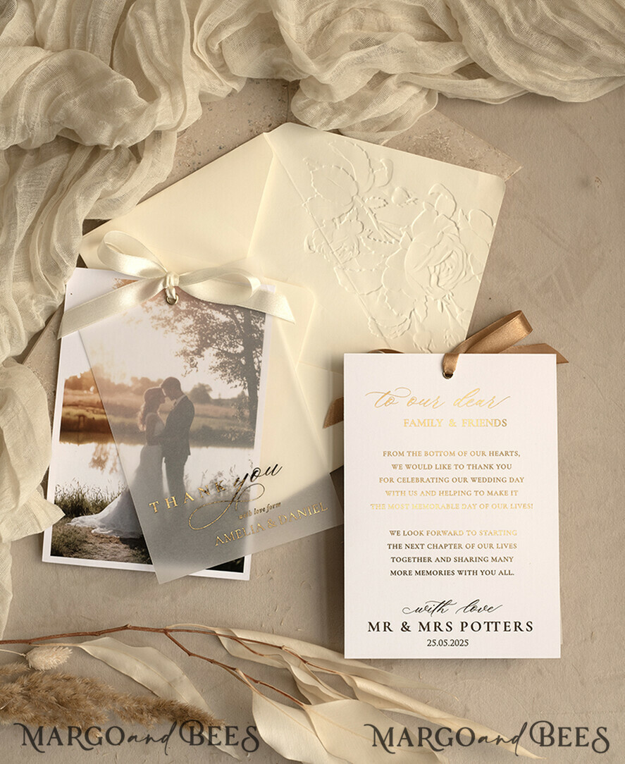 THANK YOU CARDS photo gold vellum plexi Printed vellum Wedding Photo Thank You Cards, Modern Wedding Thank You Cards with Photo, Minimalist Thank You Cards Wedding