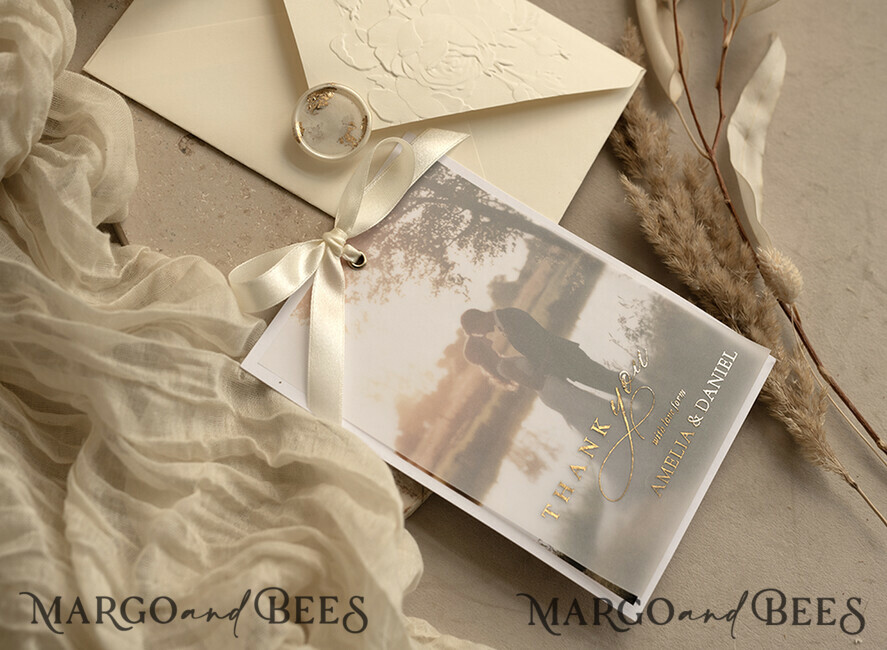 THANK YOU CARDS photo gold vellum plexi Printed vellum Wedding Photo Thank You Cards, Modern Wedding Thank You Cards with Photo, Minimalist Thank You Cards Wedding
