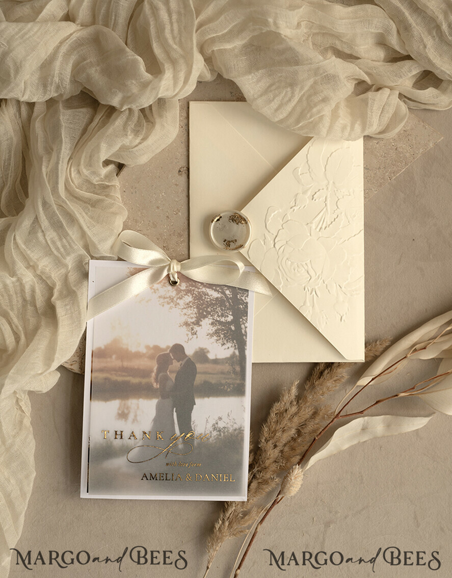 THANK YOU CARDS photo gold vellum plexi Printed vellum Wedding Photo Thank You Cards, Modern Wedding Thank You Cards with Photo, Minimalist Thank You Cards Wedding
