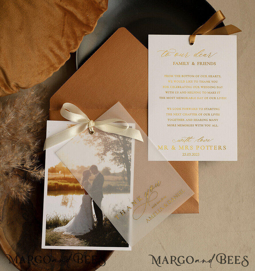 THANK YOU CARDS photo gold vellum plexi Printed vellum Wedding Photo Thank You Cards, Modern Wedding Thank You Cards with Photo, Minimalist Thank You Cards Wedding