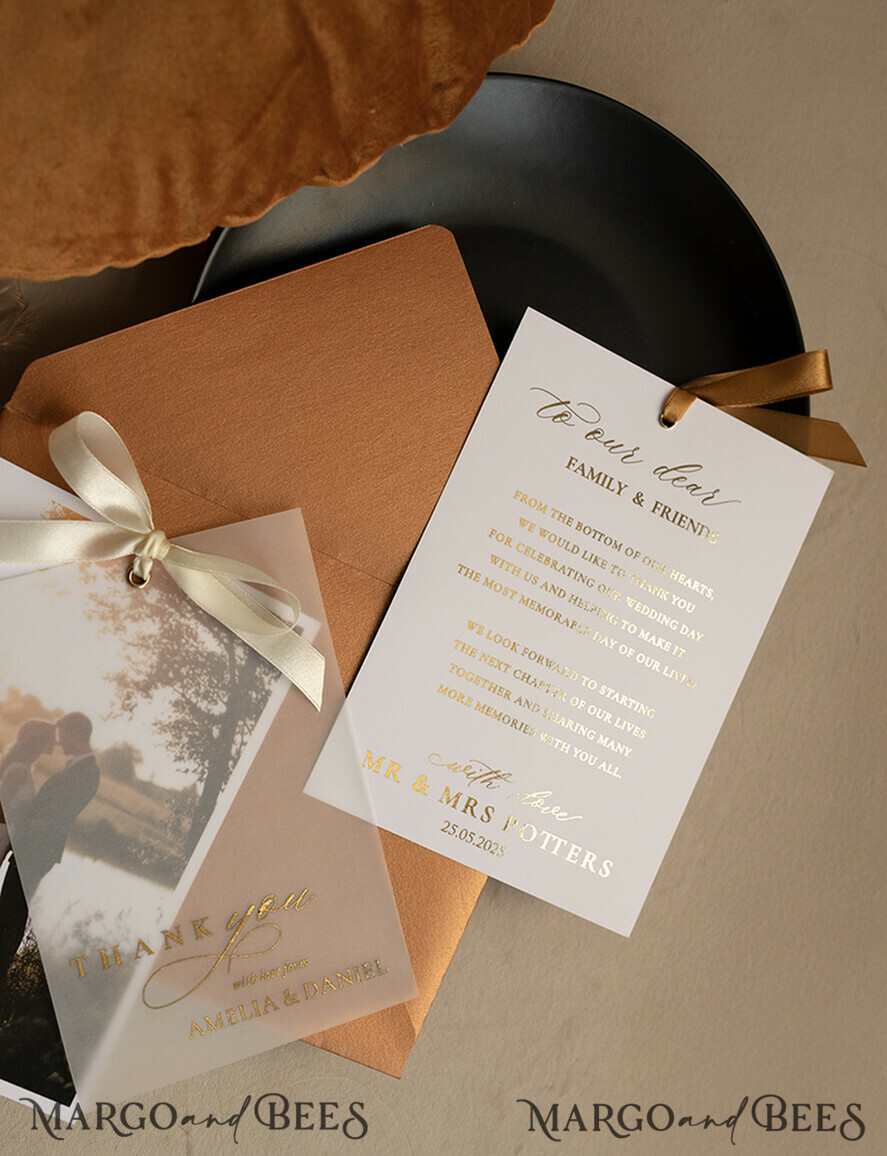 THANK YOU CARDS photo gold vellum plexi Printed vellum Wedding Photo Thank You Cards, Modern Wedding Thank You Cards with Photo, Minimalist Thank You Cards Wedding