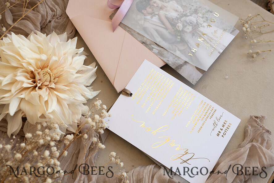 THANK YOU CARDS photo gold vellum plexi Printed vellum Wedding Phcustomoto Thank You Cards, Modern Wedding Thank You Cards with Photo, Minimalist Thank You Cards Wedding