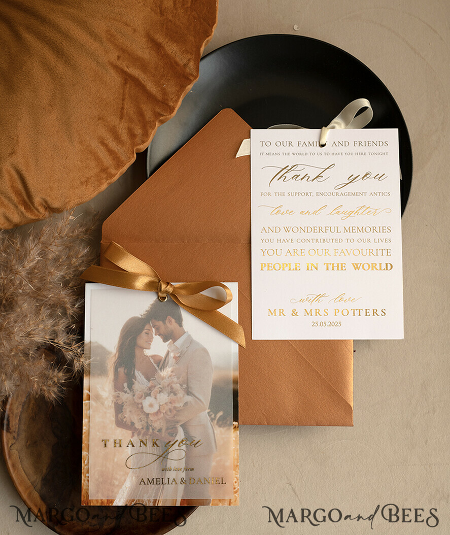 THANK YOU CARDS photo gold vellum plexi Printed vellum Wedding Photo Thank You Cards, Modern Wedding Thank You Cards with Photo, Minimalist Thank You Cards Wedding