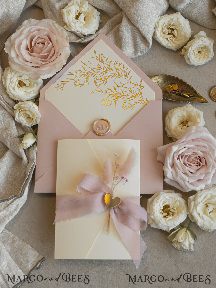 WEDDING INVITATIONS whimsical boho invites Folder Blush Gold Wedding Invitation with chiffon torn bow and natural dried flowers, Golden Elegant Roses Floral Wedding Invitation with golden mirror heart