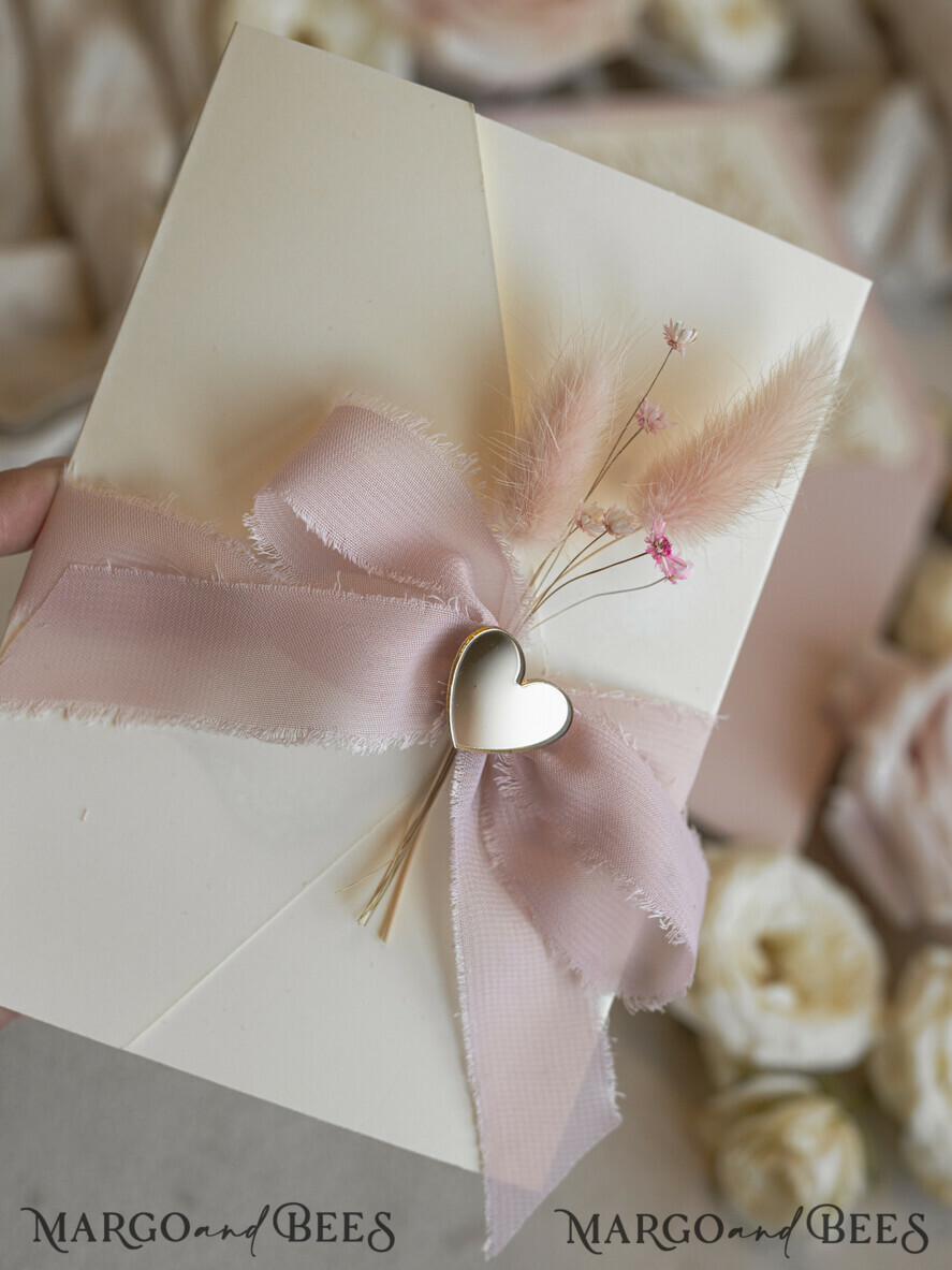 WEDDING INVITATIONS whimsical boho invites Folder Blush Gold Wedding Invitation with chiffon torn bow and natural dried flowers, Golden Elegant Roses Floral Wedding Invitation with golden mirror heart