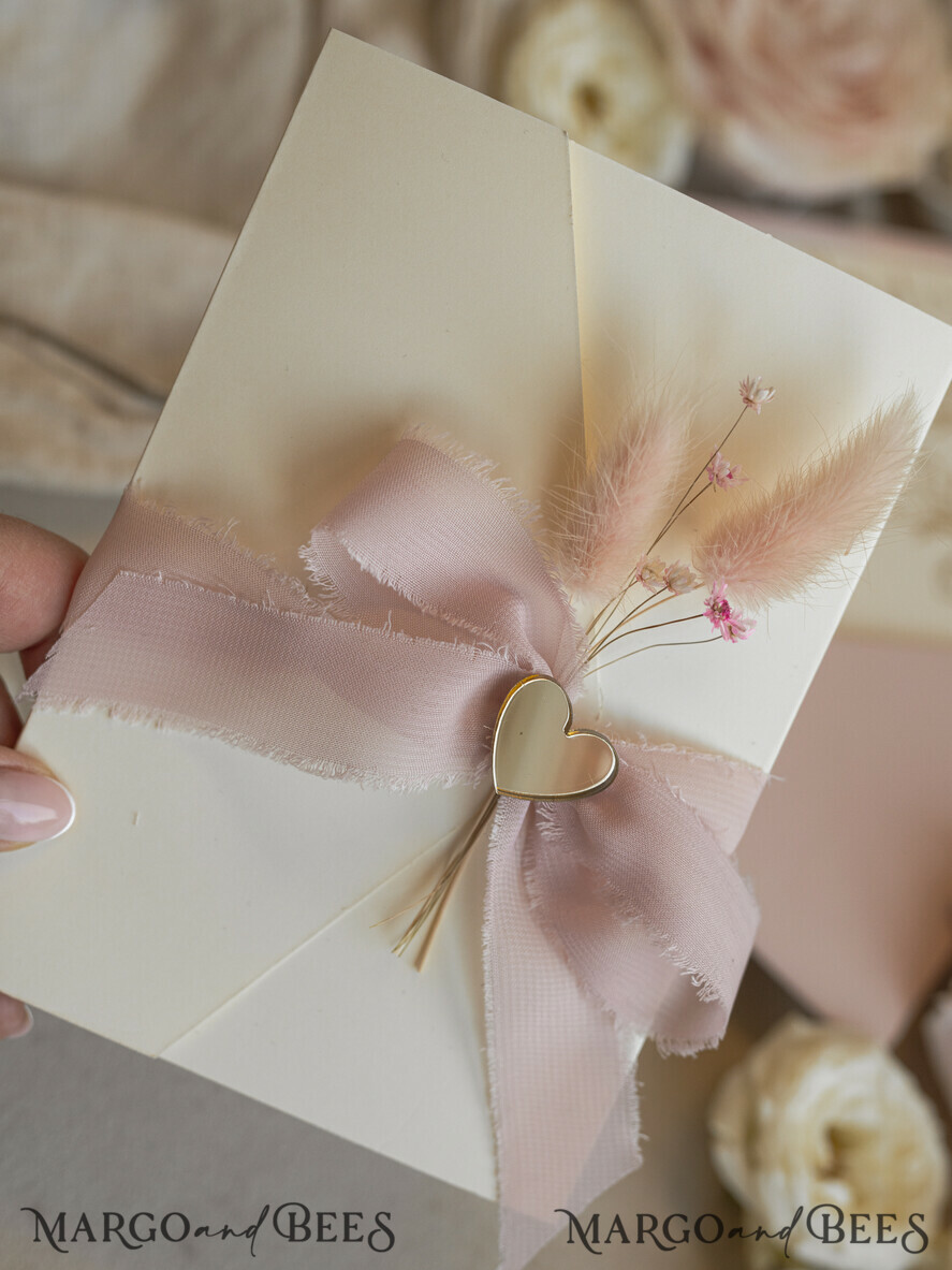 WEDDING INVITATIONS whimsical boho invites Folder Blush Gold Wedding Invitation with chiffon torn bow and natural dried flowers, Golden Elegant Roses Floral Wedding Invitation with golden mirror heart