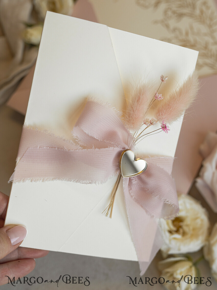 WEDDING INVITATIONS whimsical boho invites Folder Blush Gold Wedding Invitation with chiffon torn bow and natural dried flowers, Golden Elegant Roses Floral Wedding Invitation with golden mirror heart