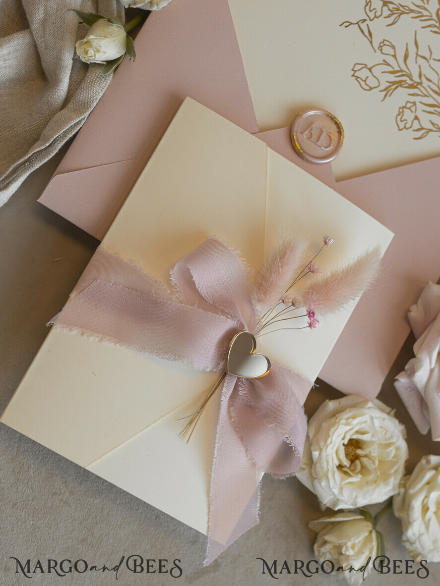 WEDDING INVITATIONS whimsical boho invites Folder Blush Gold Wedding Invitation with chiffon torn bow and natural dried flowers, Golden Elegant Roses Floral Wedding Invitation with golden mirror heart