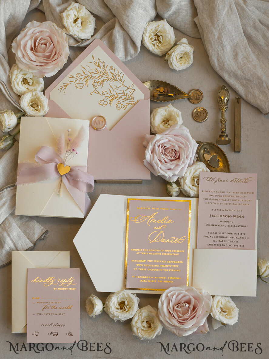 WEDDING INVITATIONS whimsical boho invites Folder Blush Gold Wedding Invitation with chiffon torn bow and natural dried flowers, Golden Elegant Roses Floral Wedding Invitation with golden mirror heart