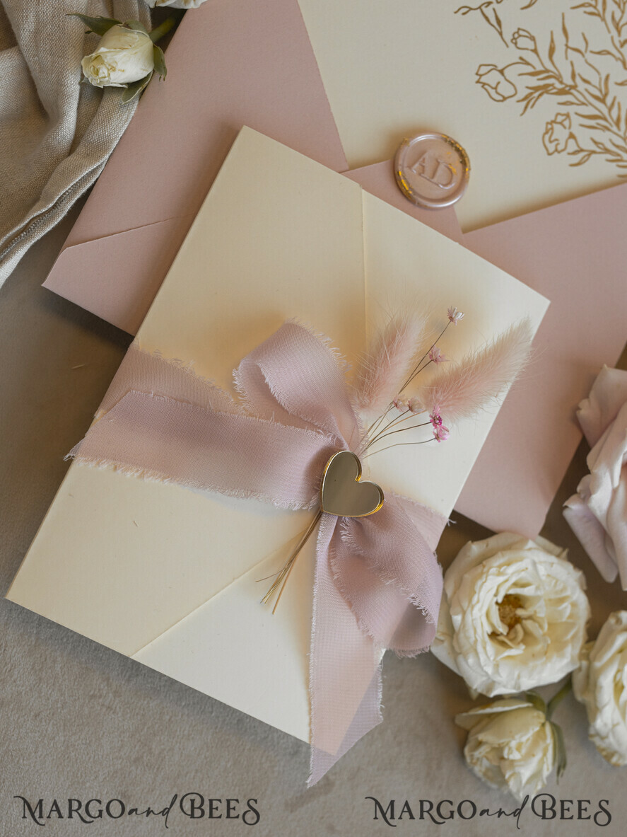 WEDDING INVITATIONS whimsical boho invites Folder Blush Gold Wedding Invitation with chiffon torn bow and natural dried flowers, Golden Elegant Roses Floral Wedding Invitation with golden mirror heart
