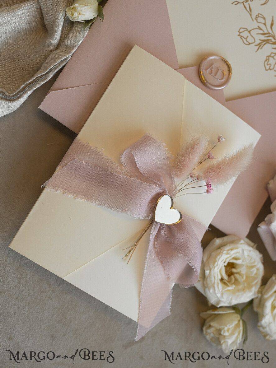 WEDDING INVITATIONS whimsical boho invites Folder Blush Gold Wedding Invitation with chiffon torn bow and natural dried flowers, Golden Elegant Roses Floral Wedding Invitation with golden mirror heart
