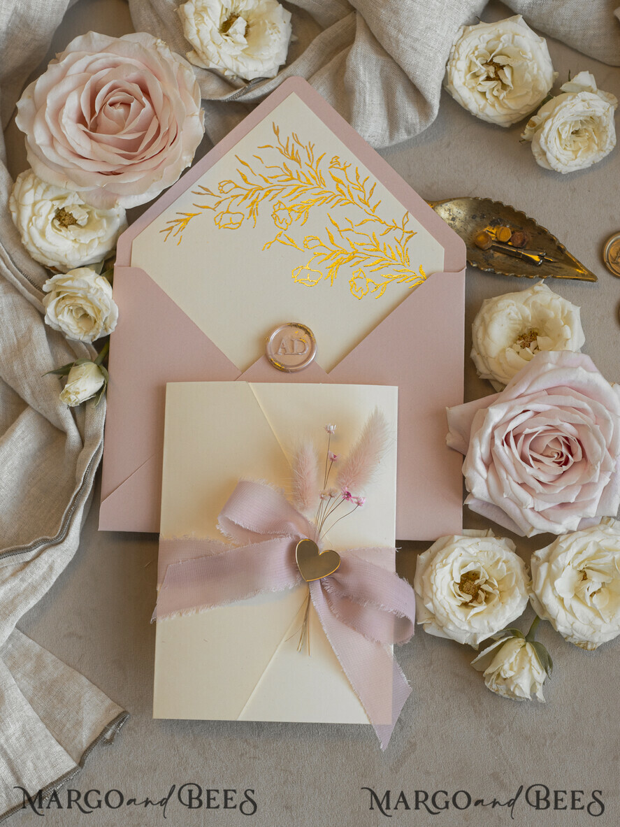 WEDDING INVITATIONS whimsical boho invites Folder Blush Gold Wedding Invitation with chiffon torn bow and natural dried flowers, Golden Elegant Roses Floral Wedding Invitation with golden mirror heart