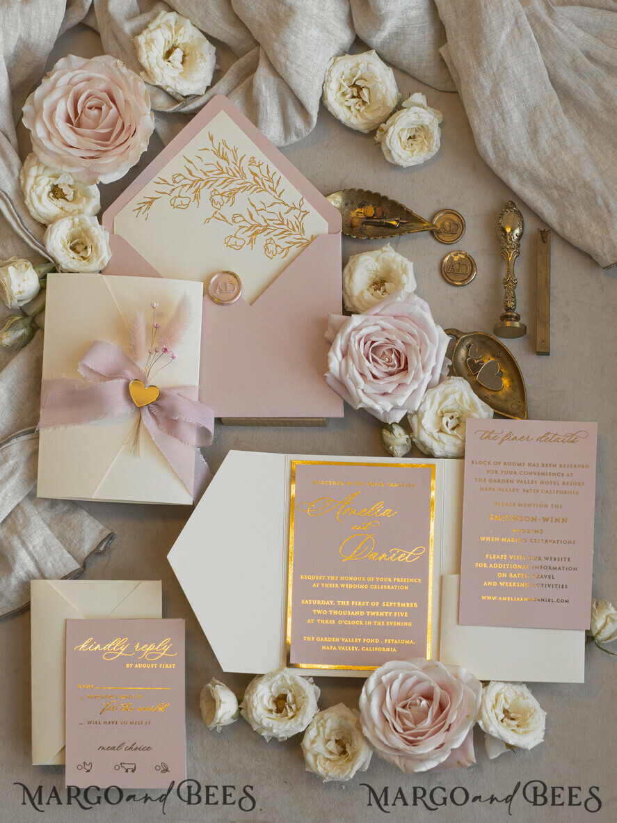WEDDING INVITATIONS whimsical boho invites Folder Blush Gold Wedding Invitation with chiffon torn bow and natural dried flowers, Golden Elegant Roses Floral Wedding Invitation with golden mirror heart