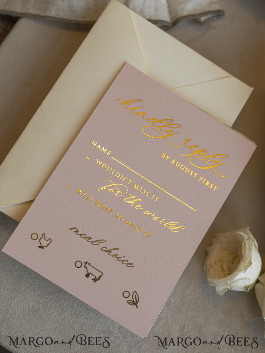 WEDDING INVITATIONS whimsical boho invites Folder Blush Gold Wedding Invitation with chiffon torn bow and natural dried flowers, Golden Elegant Roses Floral Wedding Invitation with golden mirror heart