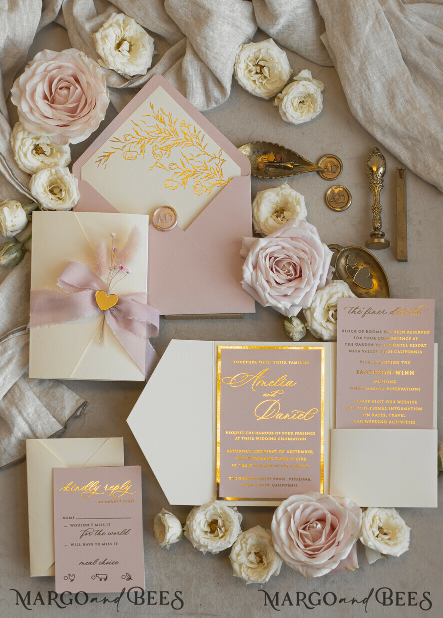 WEDDING INVITATIONS whimsical boho invites Folder Blush Gold Wedding Invitation with chiffon torn bow and natural dried flowers, Golden Elegant Roses Floral Wedding Invitation with golden mirror heart