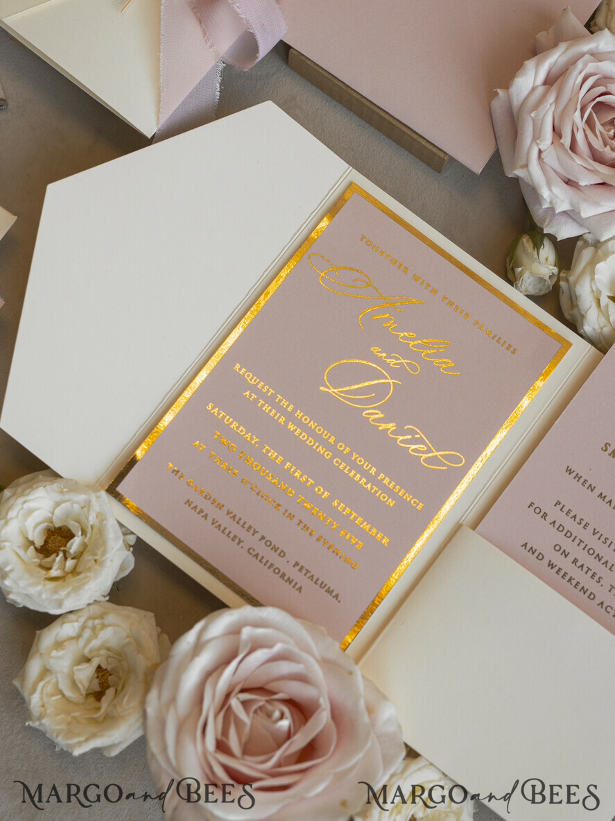 WEDDING INVITATIONS whimsical boho invites Folder Blush Gold Wedding Invitation with chiffon torn bow and natural dried flowers, Golden Elegant Roses Floral Wedding Invitation with golden mirror heart