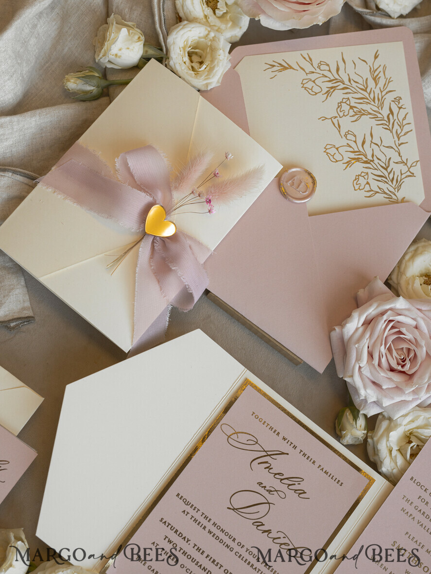 WEDDING INVITATIONS whimsical boho invites Folder Blush Gold Wedding Invitation with chiffon torn bow and natural dried flowers, Golden Elegant Roses Floral Wedding Invitation with golden mirror heart