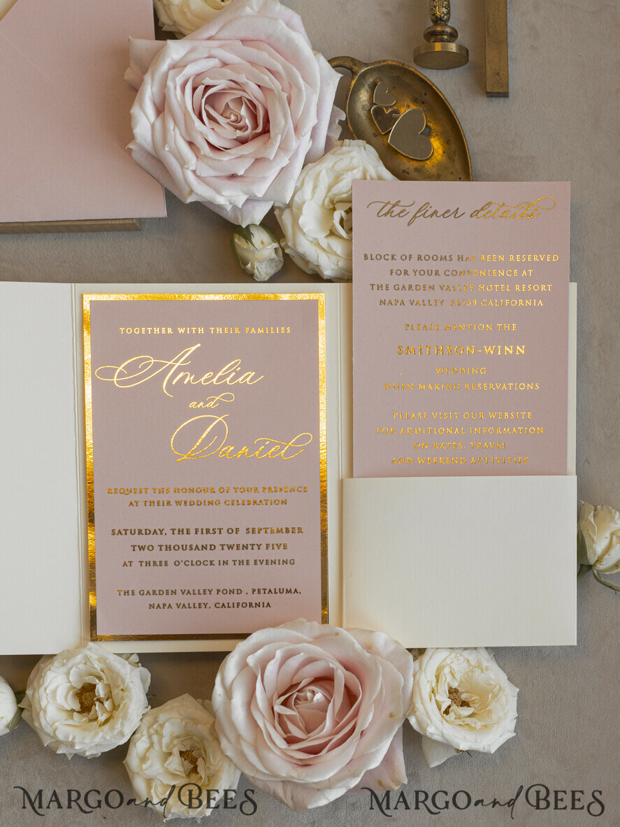 WEDDING INVITATIONS whimsical boho invites Folder Blush Gold Wedding Invitation with chiffon torn bow and natural dried flowers, Golden Elegant Roses Floral Wedding Invitation with golden mirror heart